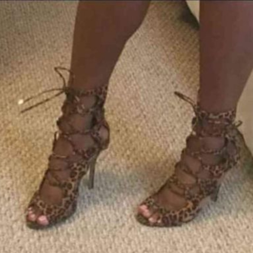 Breckelles Roma-61 Lace-Up Gladiator Peep Toe High Heel: (1) Leopard & Blue~5.5 - Picture 9 of 10